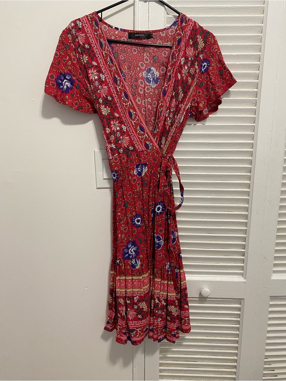 Zara Red Floral Wrap Midi Dress with Blue Accents